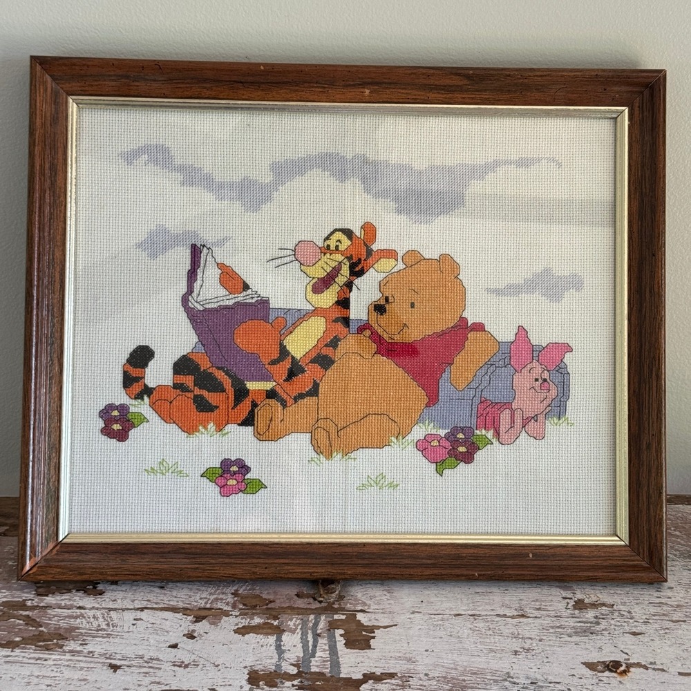 Vintage Disney Winnie the Pooh Tigger Piglet Frame Cross Stitch Nursery Wall Art